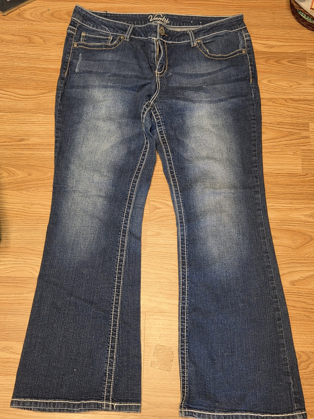 Y2K Vanity Bootcut Jeans Thick White Stitch Flap Pocket Dark Wash Denim 32x31